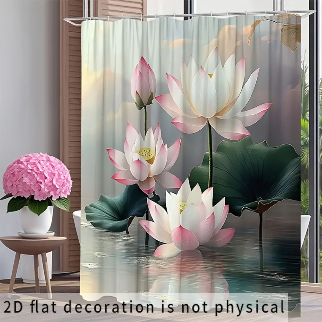 Luxurious Waterproof Lotus Floral Shower Curtain Bathroom Decor Tropical Nature Print Modern Aesthetic Master Bathroom Spa Panel