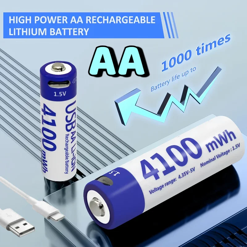 

No More Alkaline Batteries! 1.5V AA Li-ion USB-C Rechargeable Battery 4100mWh for Smart Door Lock, Remote Control, Toys