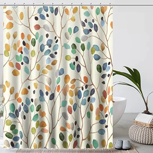 VIKAMA Floral Shower Curtain, Colourful Leaf Pattern Bathroom Decor, Shower Curtain Set with Hooks for Bathroom Decoration