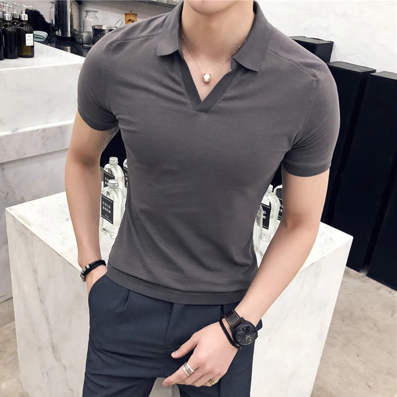 Summer New V-neck Breathable Polo Shirt Men Clothing 2022 Fashion Short Sleeved Slim Fit  Solid Color Tee Tops Streetwear 4XL-M