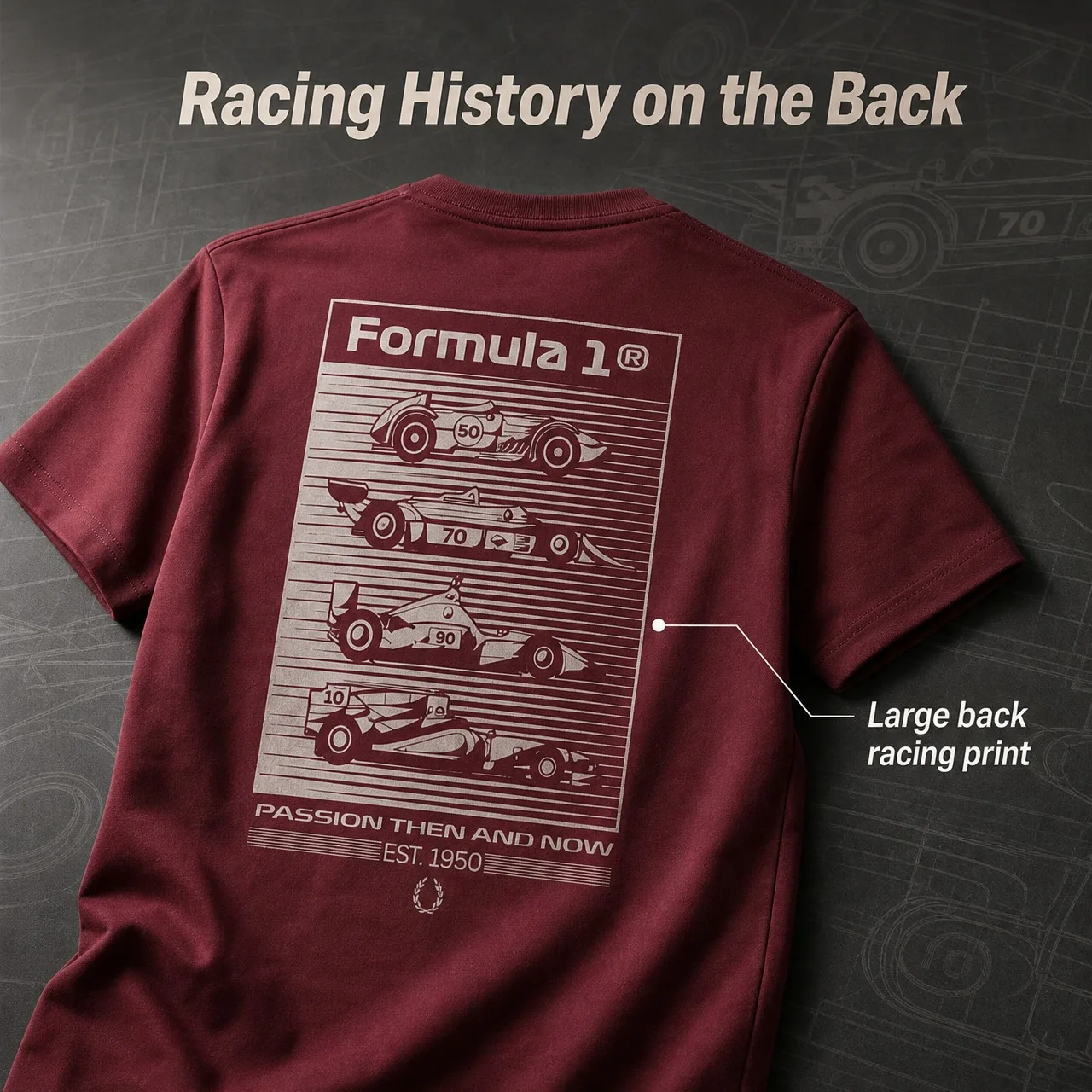 Men's Retro F1 EST 1950 Passion Pattern T-shirt Wine Red Round Neck Short Sleeve Racing Background Printed Street T-shirt