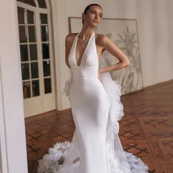 Simple Mermaid Wedding Dress Boho Deep V Neck Sleeveless Bridal Gown Pleated Sexy Halter Open Back Tulle Long Train Customized
