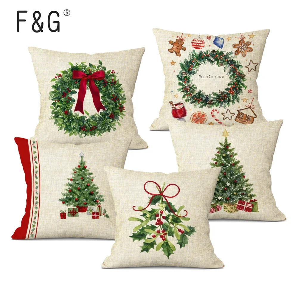 Federa per cuscino in lino con motivo albero di Natale, fodera per cuscino decorativa, auto, casa, arredamento per divano, buon Natale