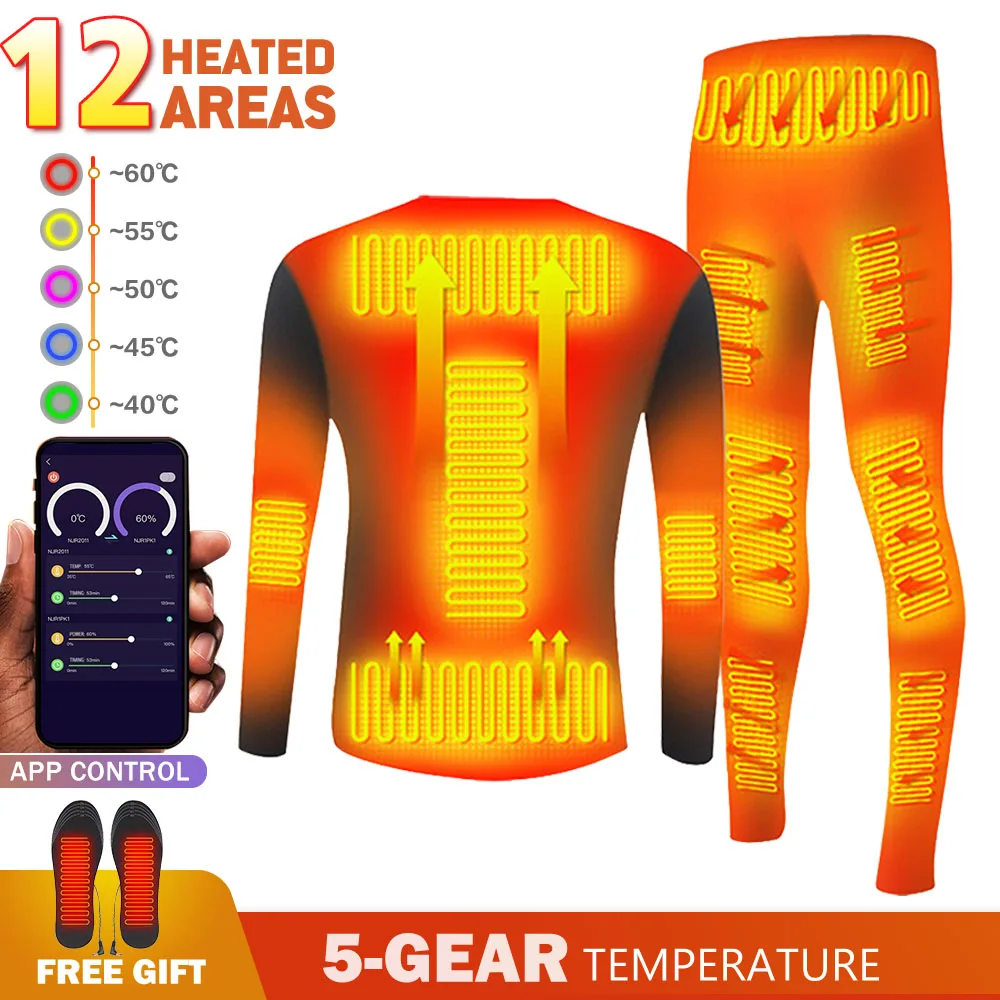 

Winter Heated Underwear Fleece Thermal Heating Underwear Suit Warm USB Battery Powered Smart Phone APP Control Temperature S-4XL