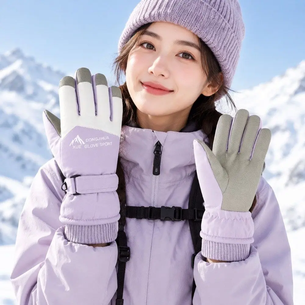 Fleece Lined Winter Skiing Gloves Anti-slip Touchscreen Plush Warm Riding Gloves Thick Warm Windproof Cycling Mitten for Women