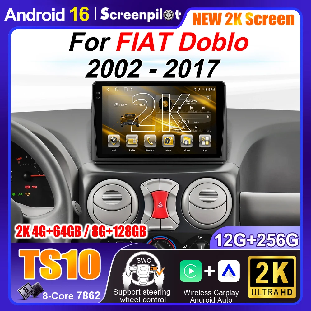 Android 16 Android 16 For FIAT Doblo 2002 2003 2004 2005 - 2017 Carplay Multimedia Car Radio Video Player GPS Navigation WIFI 2K