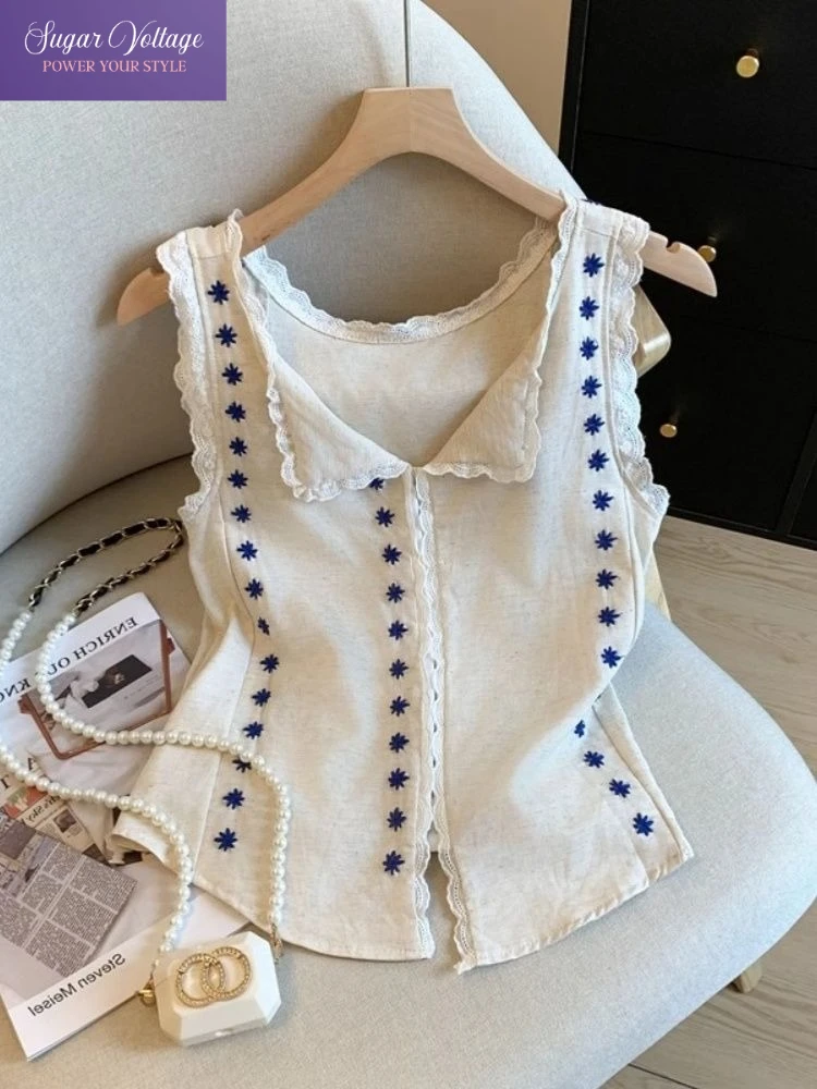 Korean Style Lace Trim Floral Vest Top for Women 2025 Summer Sleeveless Bow Tie Slim Fit Elegant Tank Blouse Soft Linen  Look