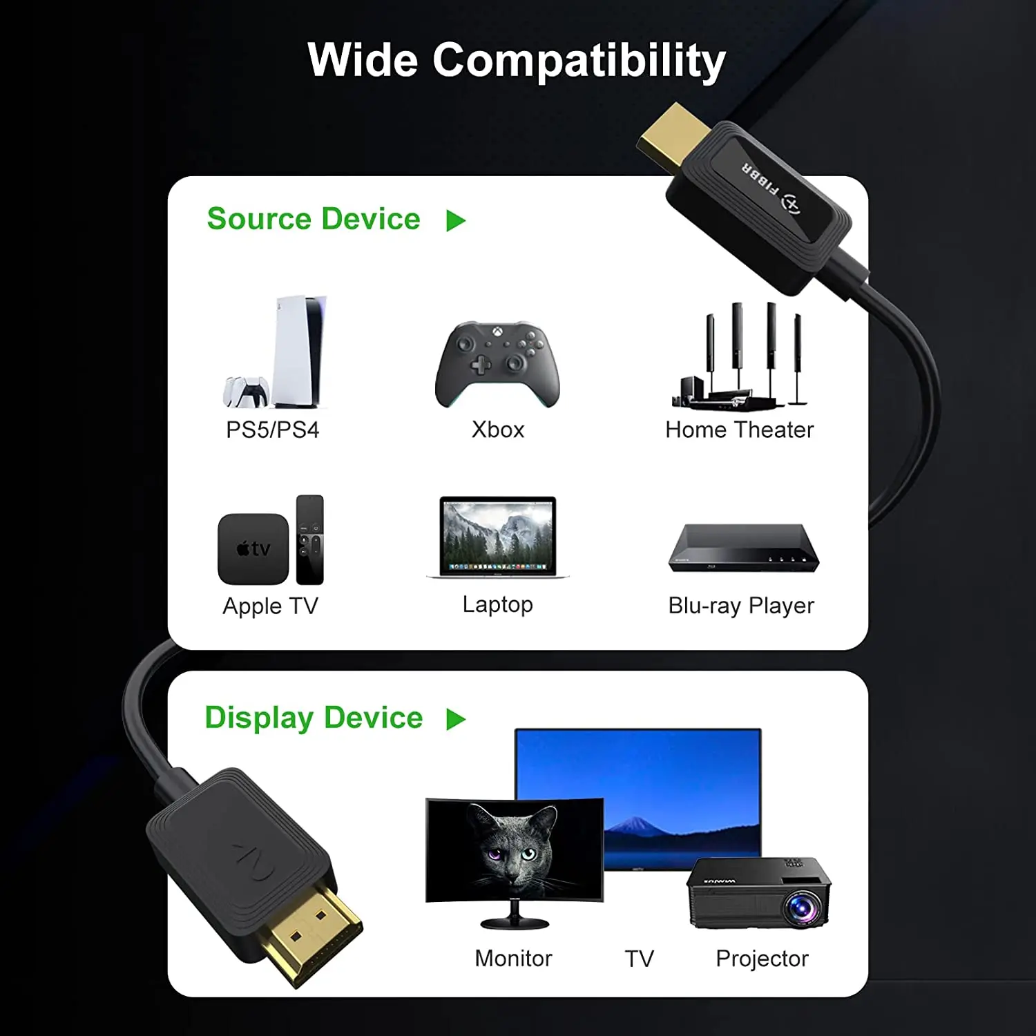 FIBBR-HDMI 2.1 Cabo Compatível, Fibra Óptica, 8K, 60Hz, 48Gbps, 4K, 120Hz, 144Hz, eARC, HDR, HDCP, 2.2, 2.3, HDTV, PS5, blu-Ray, Xbox, PC, TV