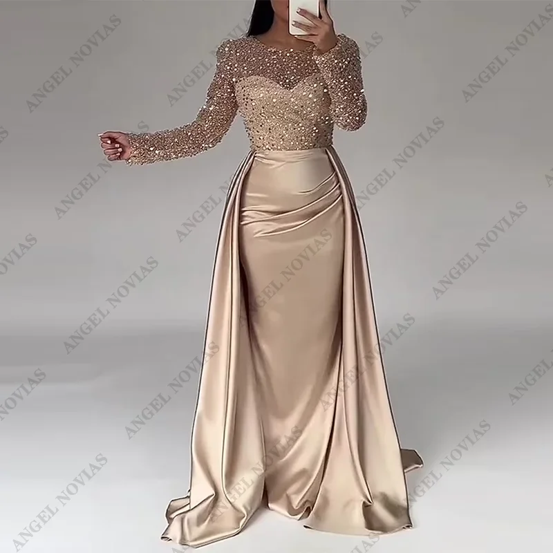 Mutter der Braut Kleid Pailletten Abendkleid geraffte Satin Kleid lange Ärmel boden lange Illusion Abschluss ball Hochzeit Gast kleid