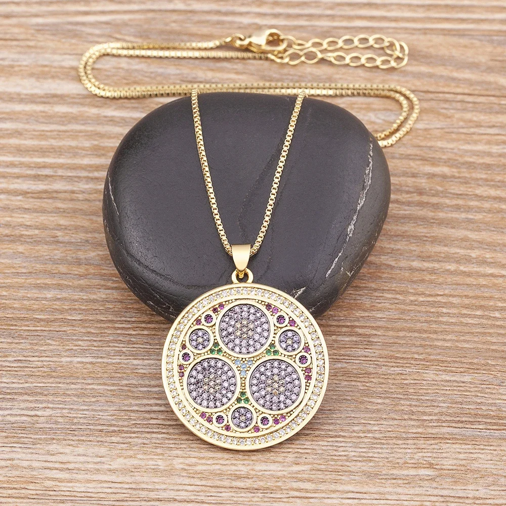 Nidin Combination Round Zircon Inlay Design Gold Plated Charm Bohemian Style Metal Tag Necklace DIY Jewelry Crafts Party Gift