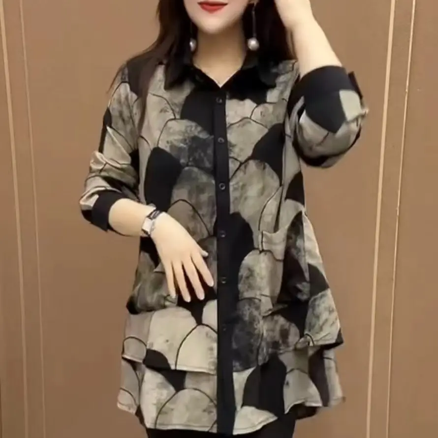 春らしいシックなシフォンシャツワンピース、ミディアム丈、エレガントで高級感、ママにも使える万能、ゆったりカジュアル、ルーズカラーシャツ