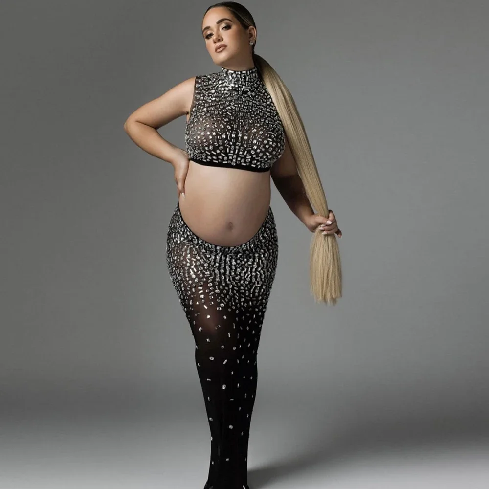 2Pcs/set Shiny Rhinestone Maternity Dresses For Photo Shoot Sexy Goddess Stretch Fabric Skirt For Pregnancy Photo Accessory