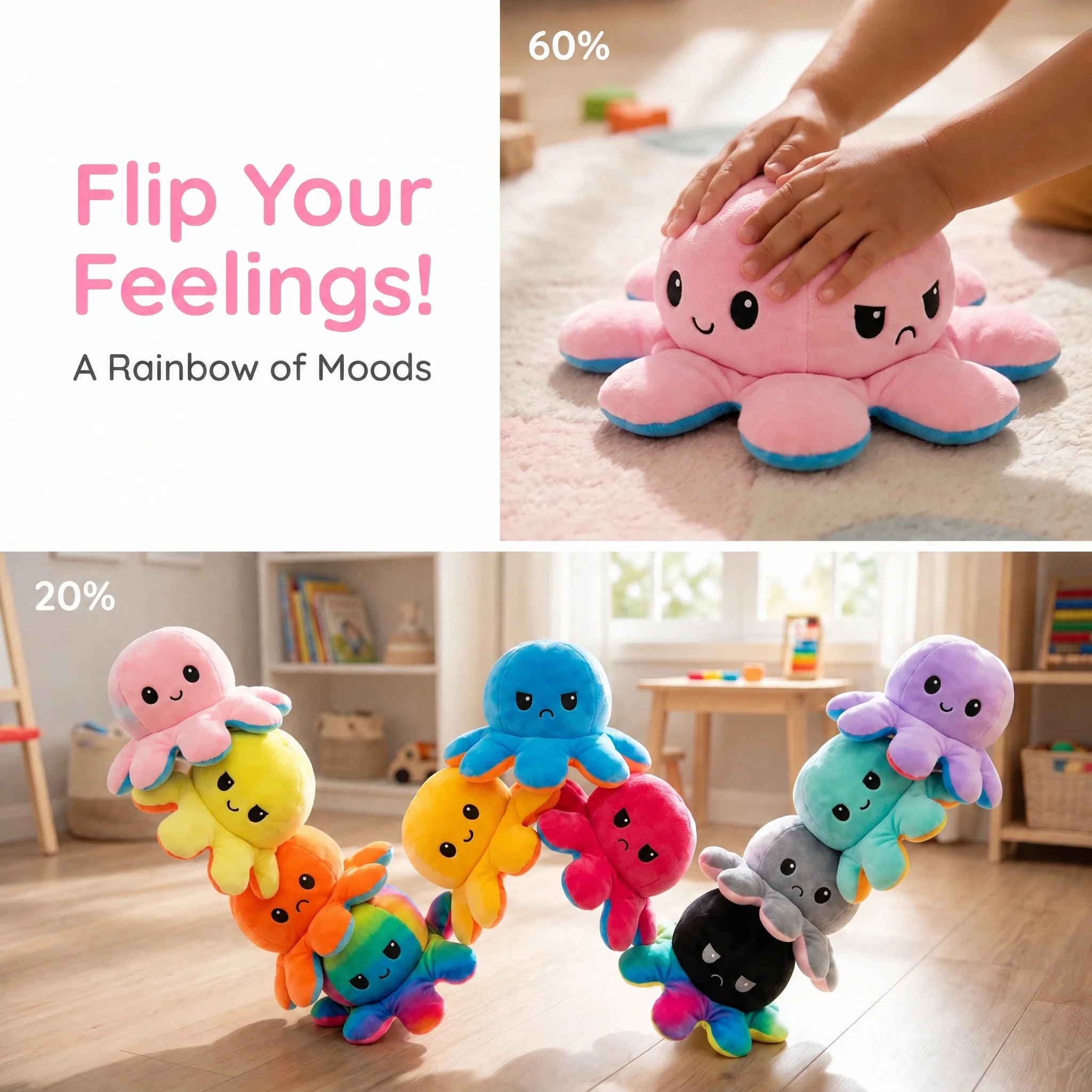 Reversible Flip Octopus Plush Keychain Double Face Mood Changing Octopus Doll Backpack Pendant Cute Gift For Girls Couple