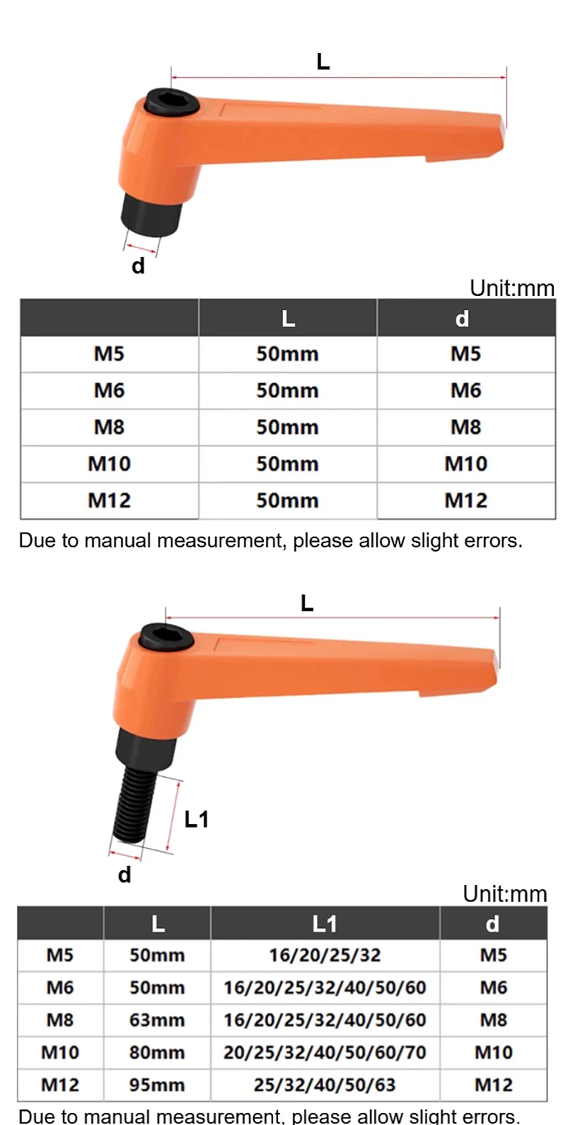 M5 M6 M8 M10 M12 Orange Clamping Lever Adjustable Handle Clamping Handle Screw Locking External Male Thread Knob