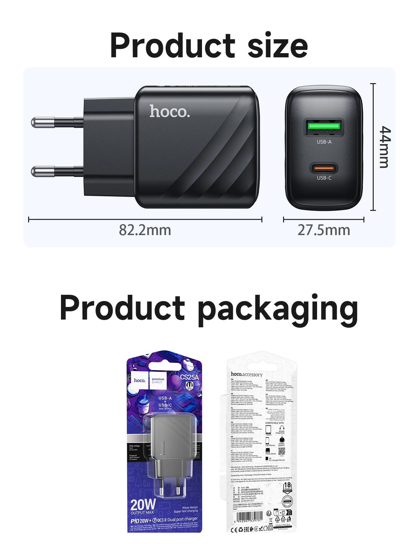 HOCO CS25A 20W USB Type C Charger PD Fast Charge QC 3.0 Quick Charge for iPhone 15/14/13/12 Pro Max Mini iPad Charging