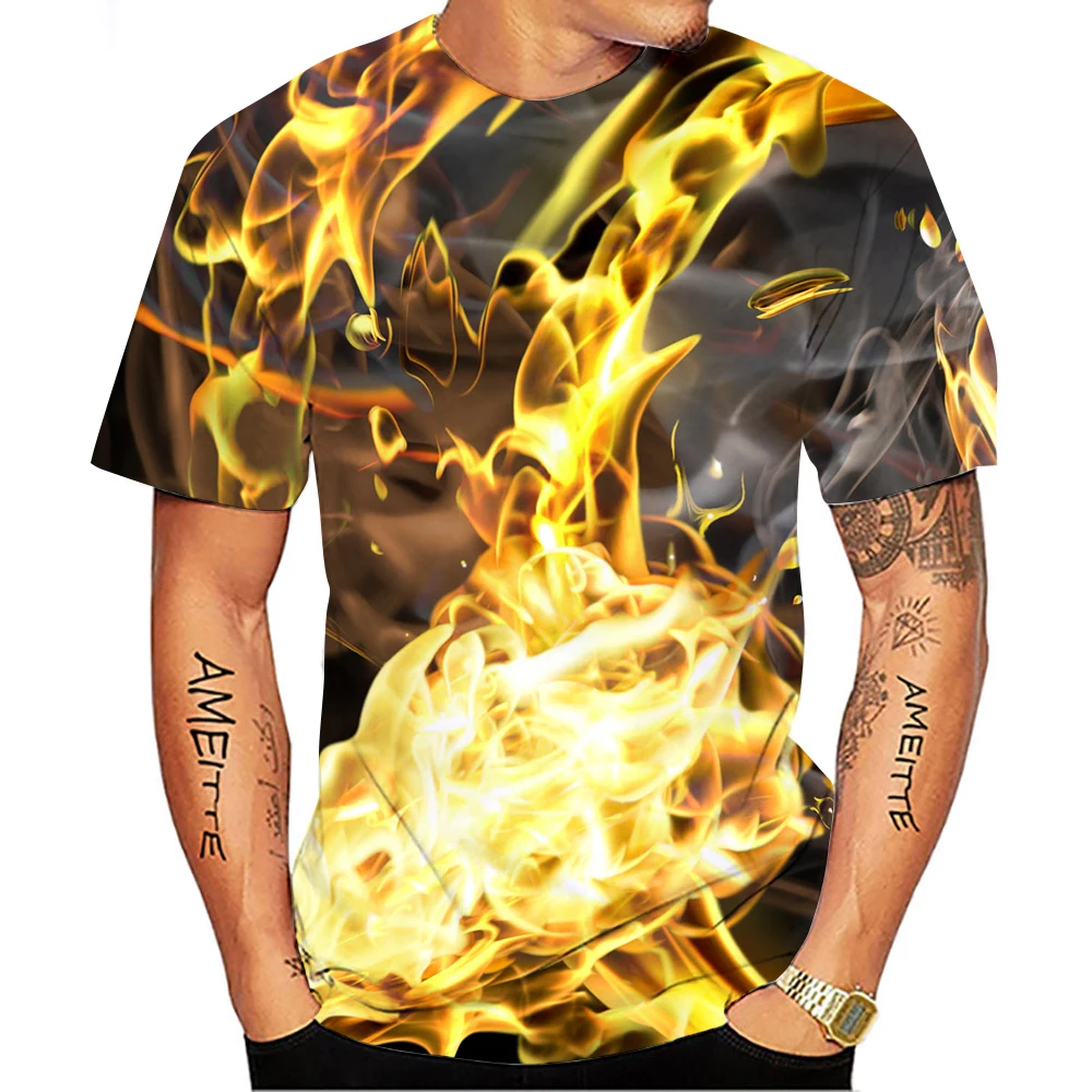 Summer Burning Flame Pattern Quick-Dry Men's T-shirt Hip Hop 3D Print Personality   Neck Short Sleeve  Fashion Clothes