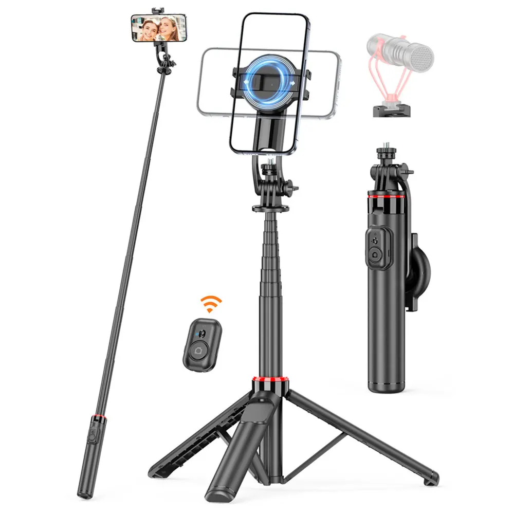 Trípode magnético para teléfono con palo de Selfie con control remoto, trípode para teléfono DSLR de viaje de 1/4 ", soporte para iPhone 16-12, Android GoPro, cámara, micrófono y luz
