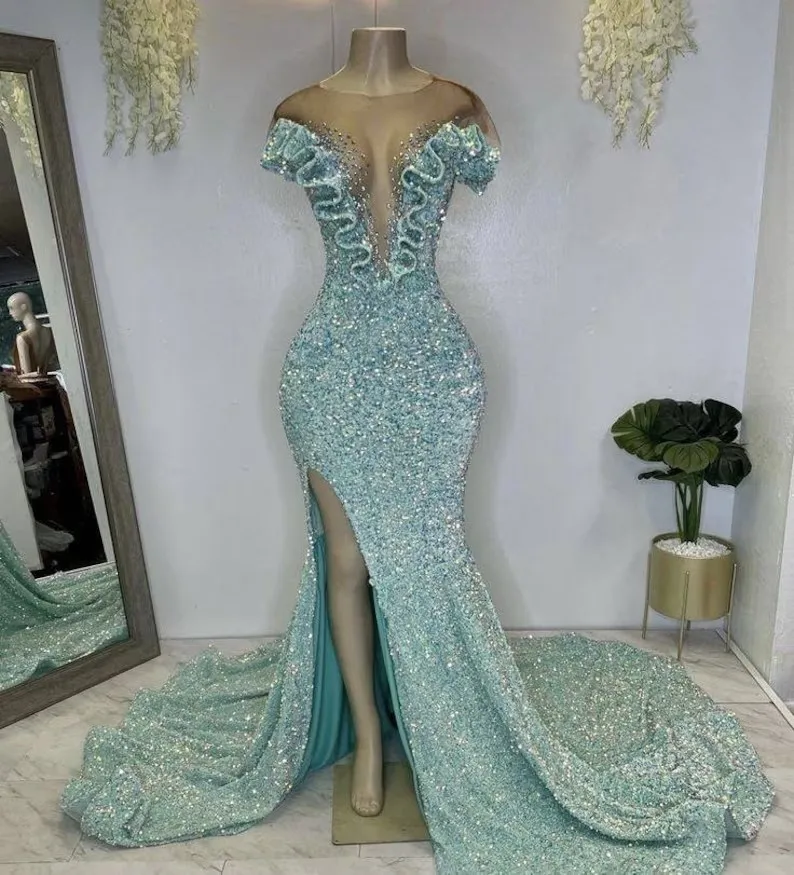 Sparkle African American Prom Dresses Mermaid Cap Sleeves Sequins Beaded Slit Black Girls Nigeria Robe De Soiree Evening Gown