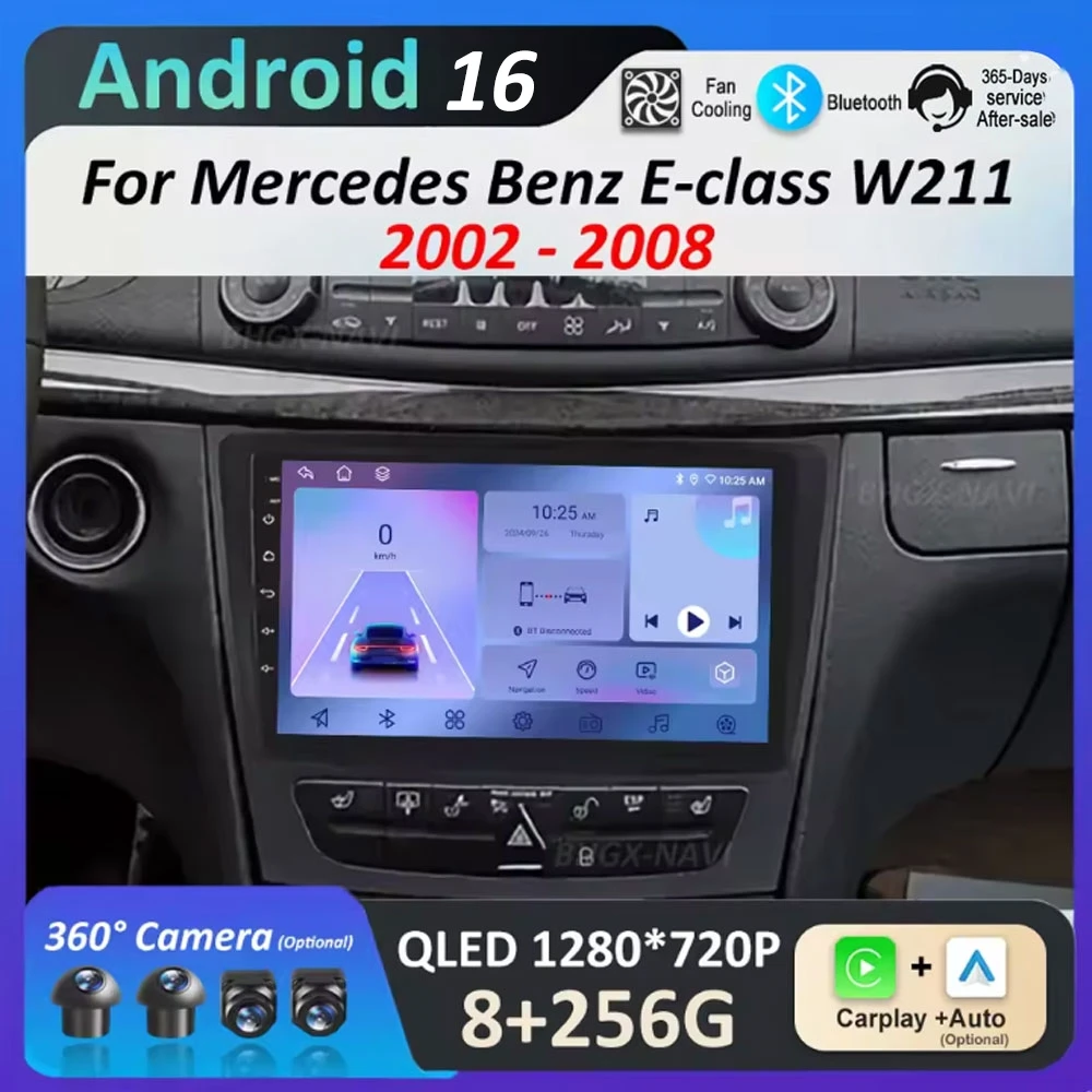 

Автомобильный мультимедийный плеер с Android 16 для Mercedes-Benz E-класса W211 (2002-2008) с Wi-Fi, вентилятором охлаждения и функцией разделения экрана (авторадио)