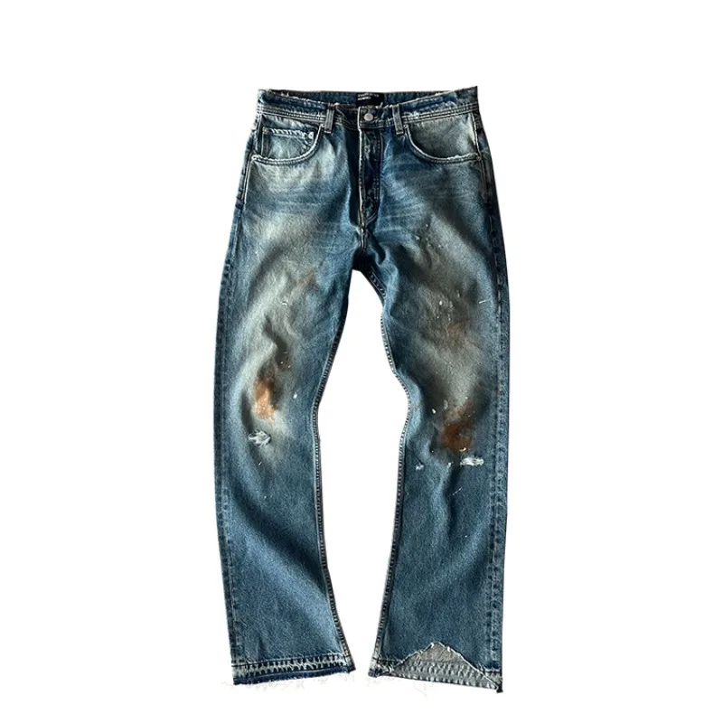 NIGO ERD Men's Summer Washed Blue Gradient Ink Splash Disassembled Holes Old Micro Flare Jeans Clean Fit Pants #NGTOP11128