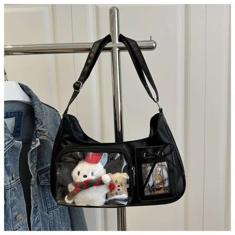 Women Y2K Underarm Shoulder Bag Transparent PVC Pocket Bow Decor Hobo Bag Fashion Casual Daily Shopping Armpit Handbag for Girls