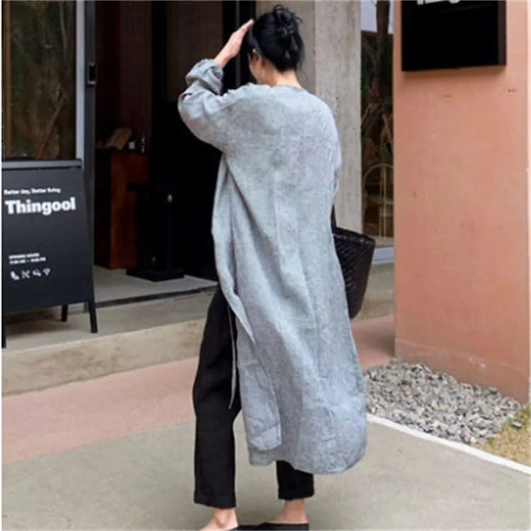 Léger Long Sve irt Femme Lâche Longueur Midi sur le genou Ceinture Cardigan Ouvert Vêtements d'extérieur fins Coton Plaid Trajet St...