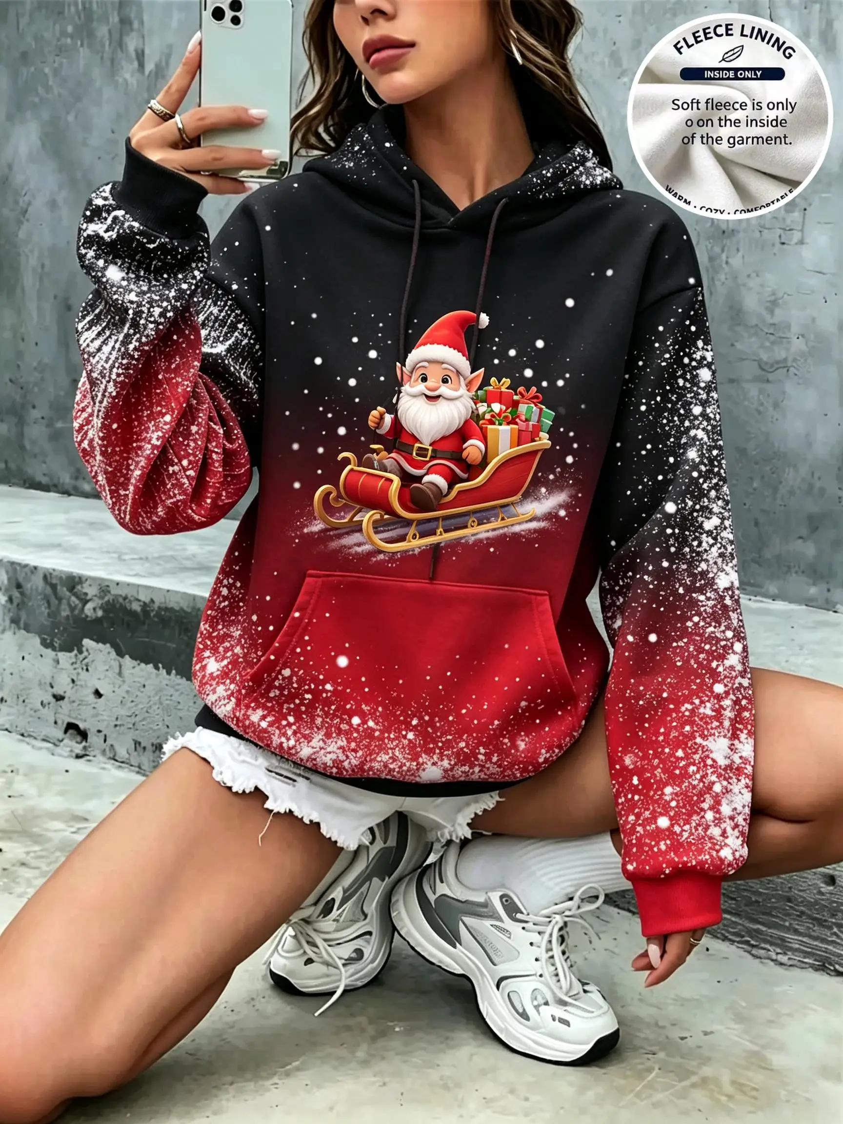 Women Christmas Santa Sleigh Gift Box Snowflake Gradient Fleece Hoodie Black Red Pocket Sweatshirt