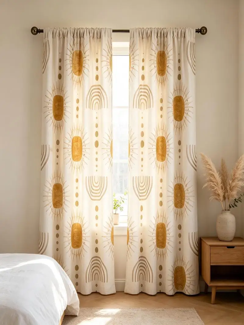 2PCS Abstract Curtains, Gold Sun Rainbow Geometric Arch, Digital Print, Bedroom Living Room, Rod Pocket Polyester, Home Decor