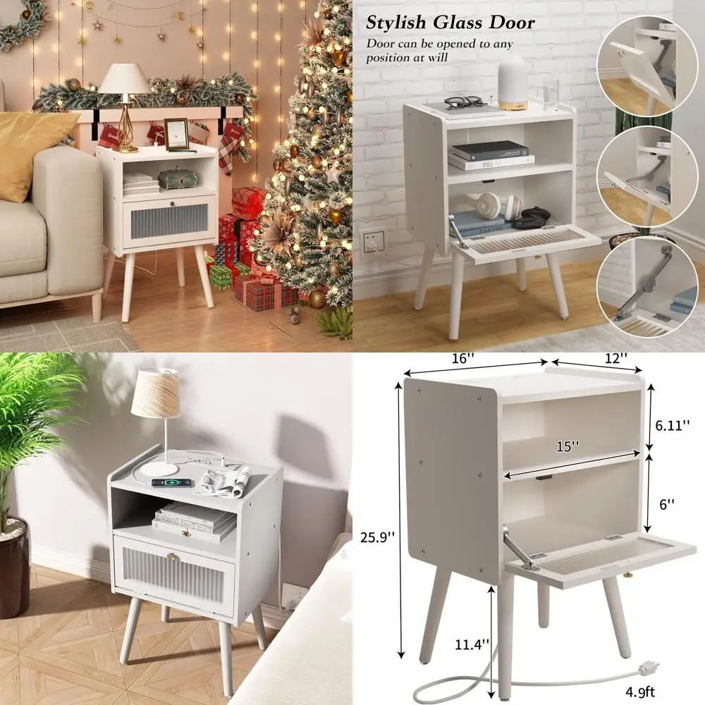 

Прикроватная тумбочка в стиле Mid-Century Modern с зарядной станцией, 2-уровневый приставной столик со стеклянными дверцами для спальни или гостиной, белый