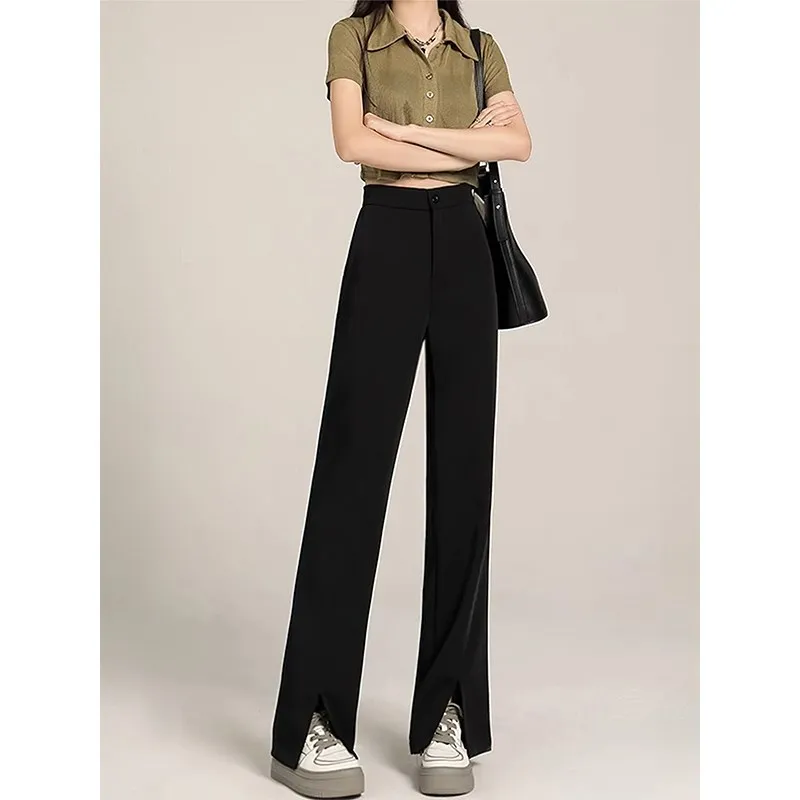 

Широкие костюмные брюки с высокой талией для женщин, весна-осень, большие размеры, повседневный дизайн с разрезом, свободные длинные брюки