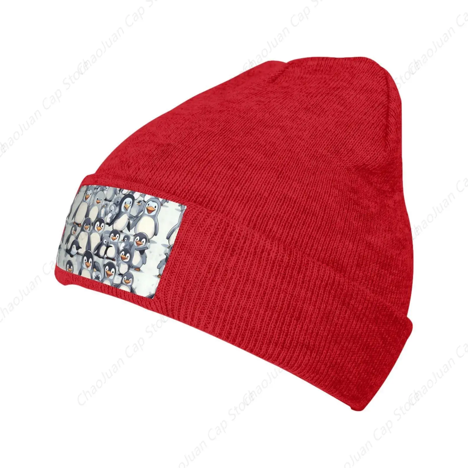 Cute Baby Penguins Sketch Print Winter Hat Beanie Cap for Men and Women,Winter Hat Acrylic Warm Stocking Skull Caps Red