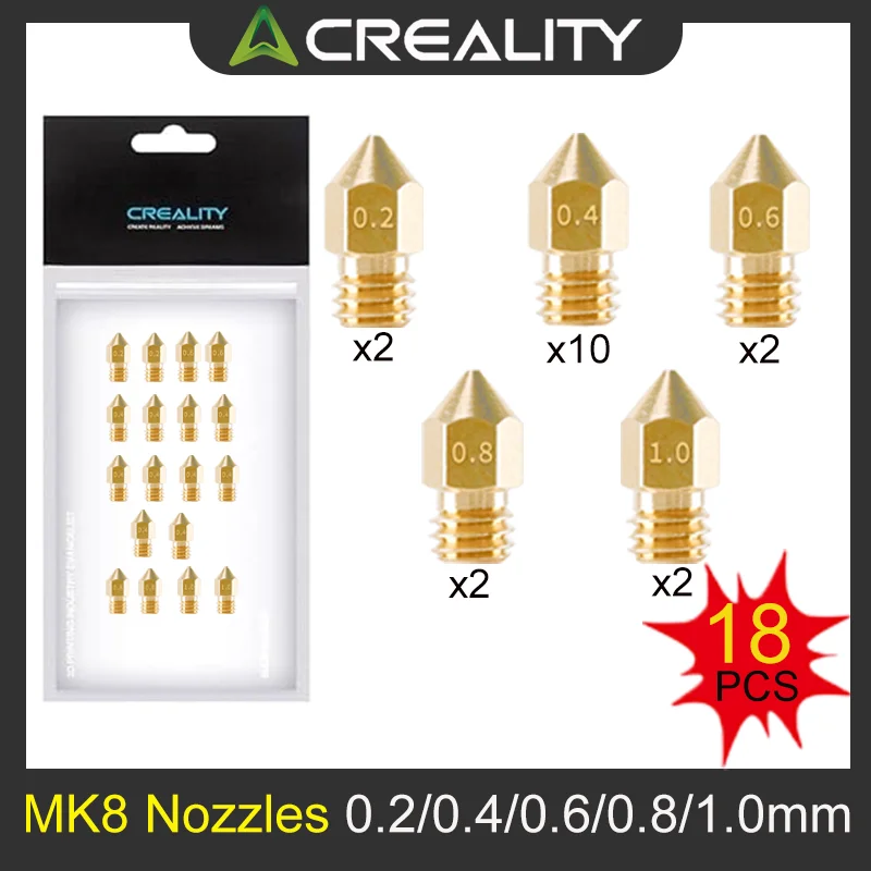 

18PCS Creality MK8 Brass Nozzles 0.2/0.4/0.6/0.8/1.0mm Printer Nozzle Kit Ender3 Extruder Stainless Steel Nozzles for 3D Printer