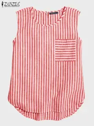 ZANZEA Summer O Neck Sleeveless Blouse Women Stripe Printed Tops Female Casual Work Shirt Vintage Checked Holiday Blusas Mujer