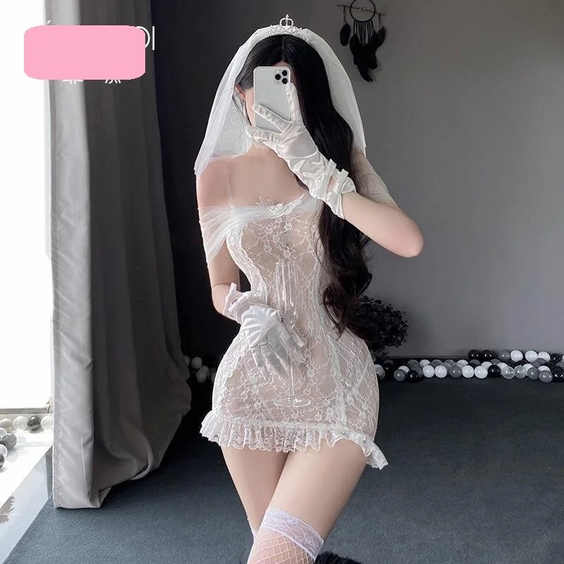 New Fashion Women\'s Sexy Lace Transparent Lingerie Wedding Dress Adult Lady Erotic Cosplay Bride Babydoll Honeymoon Fliter Dress