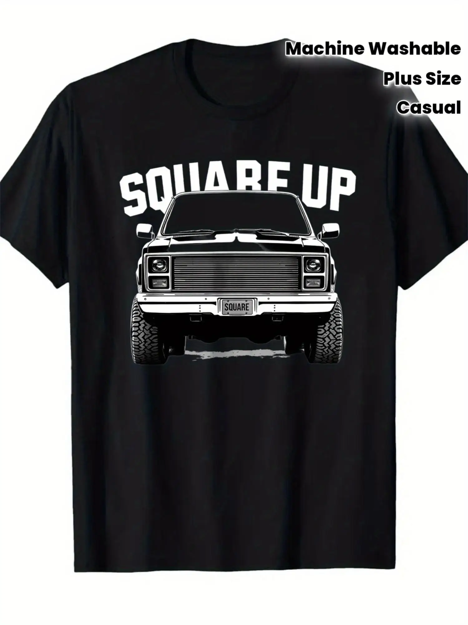 Plus 180g Casual Men's T-shirt, Black, with Classic Pickup Truck Pattern and 