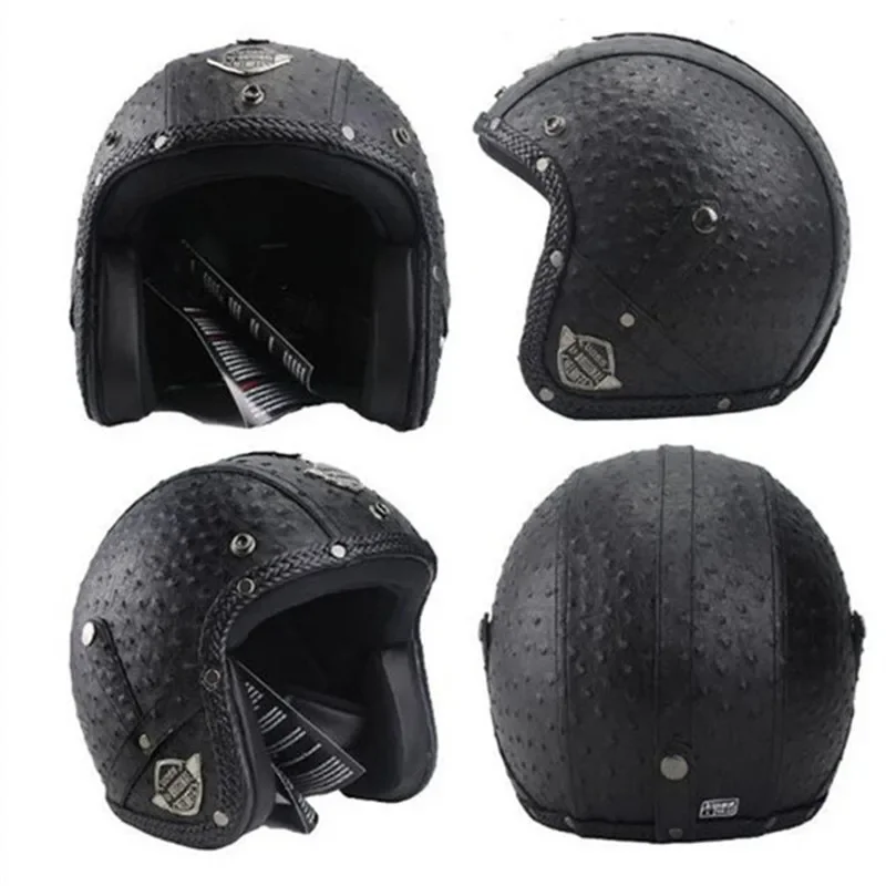 Black Leather Helmets for Motorcycle, Retro Half Cruise Helmet, Prince, German, Vintage, Adult