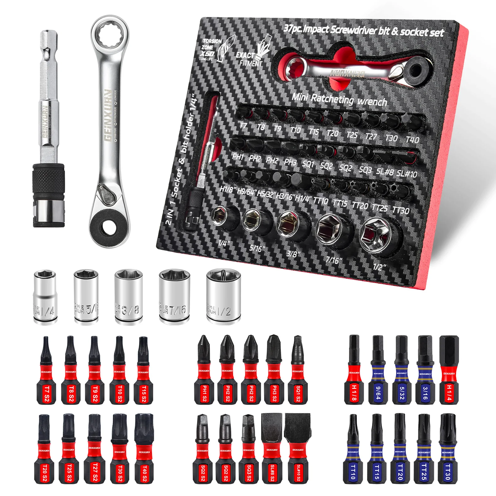 

GEINXURN 37PCS SAE Impact screwdriver Bits Set,S2 Steel mixed Bits, impact Socket set ,with Eva Foam Storage Tray