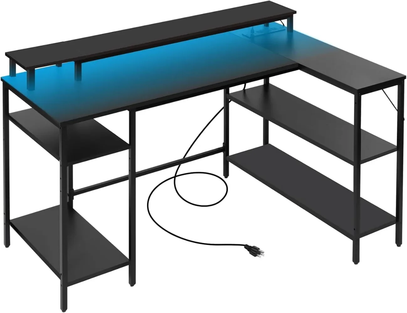 L Shaped Gaming Desk with LED Lights & Power Outlets, Reversible Computer Desk with Stand & Shelves