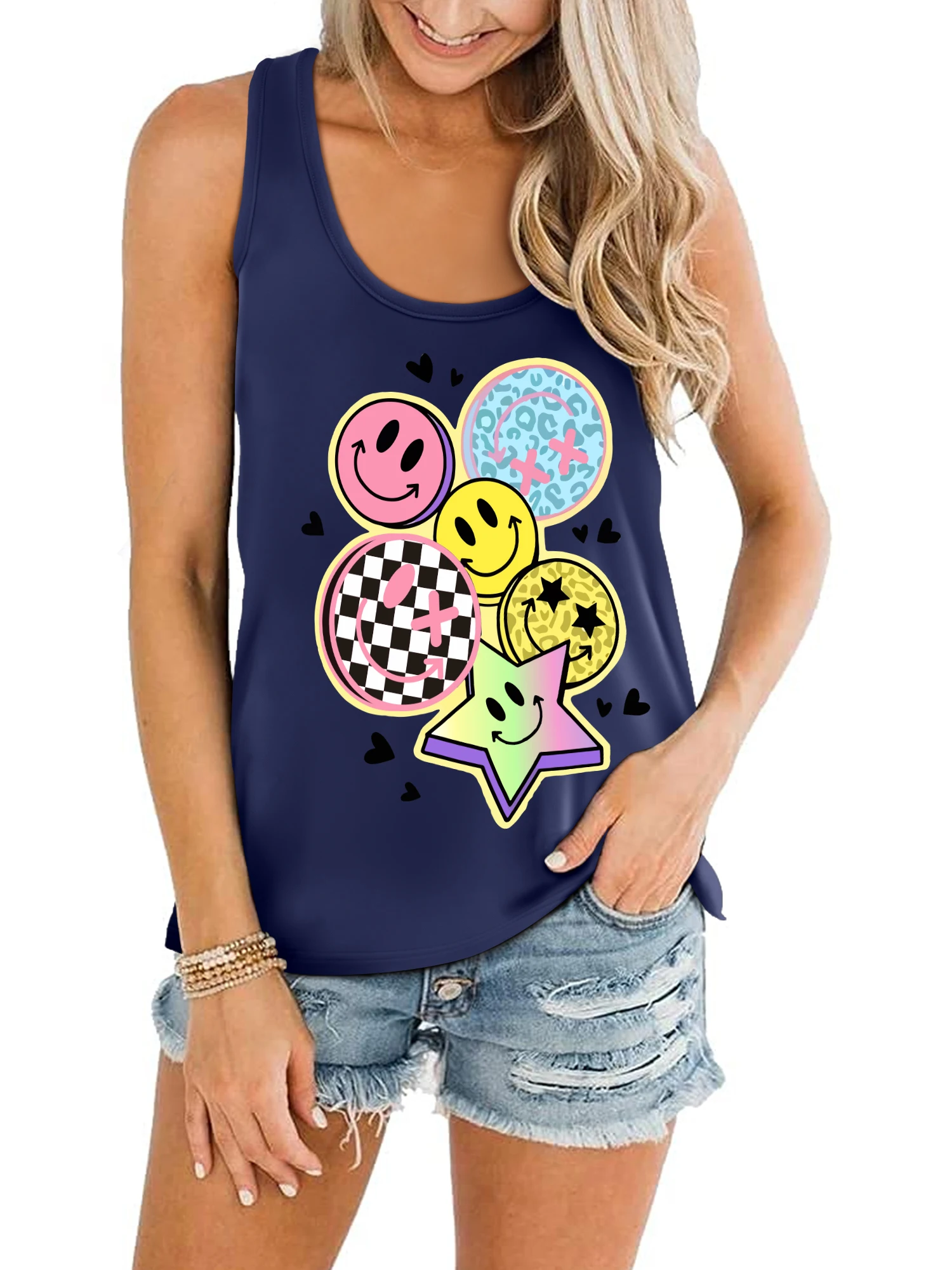 Women Smiley Face Star Print Tank Top Checker Leopard Pattern Sleeveless Casual Slim Camisole Y2K Streetwear Vest