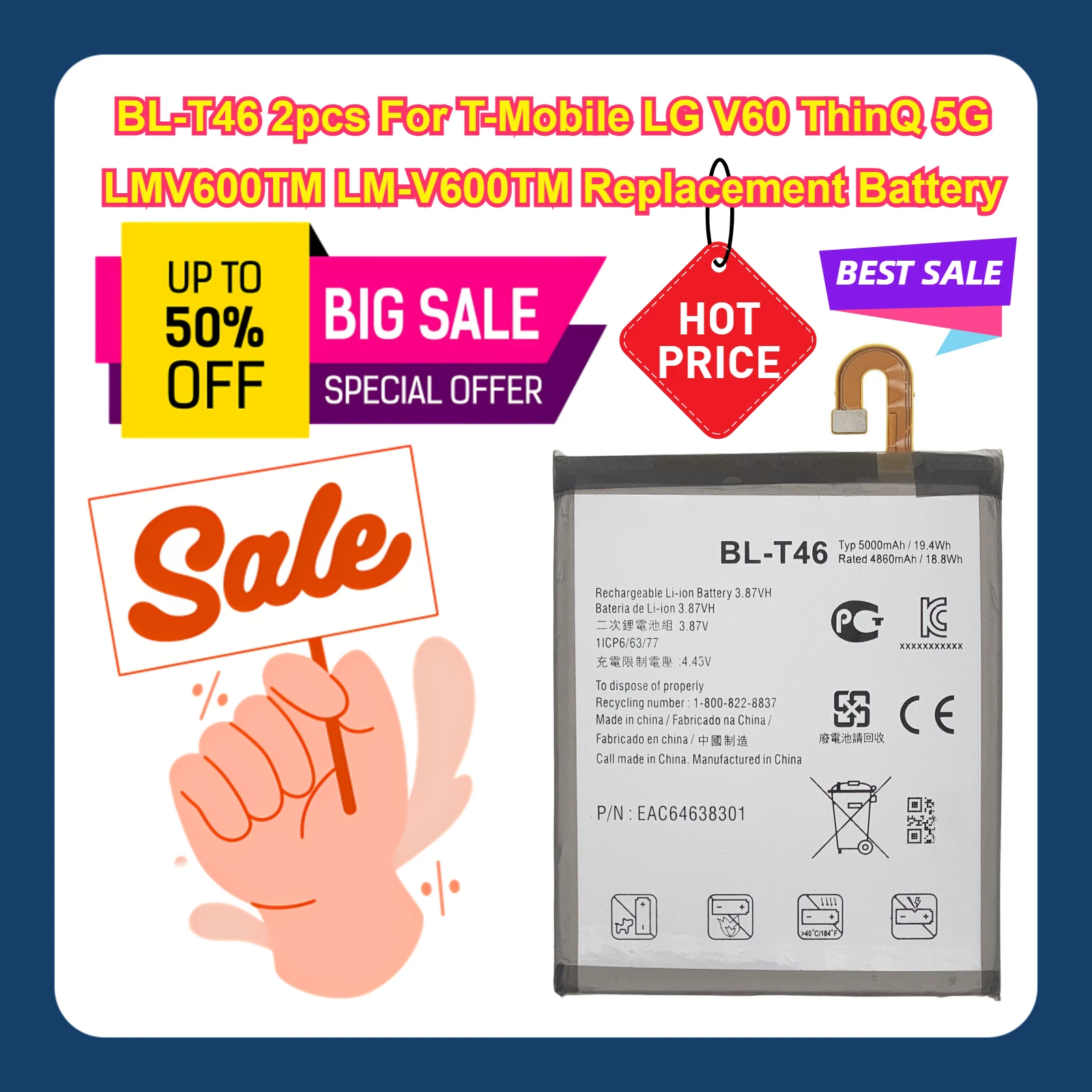 BL-T46 2pcs For T-Mobile LG V60 ThinQ 5G LMV600TM LM-V600TM Replacement Battery