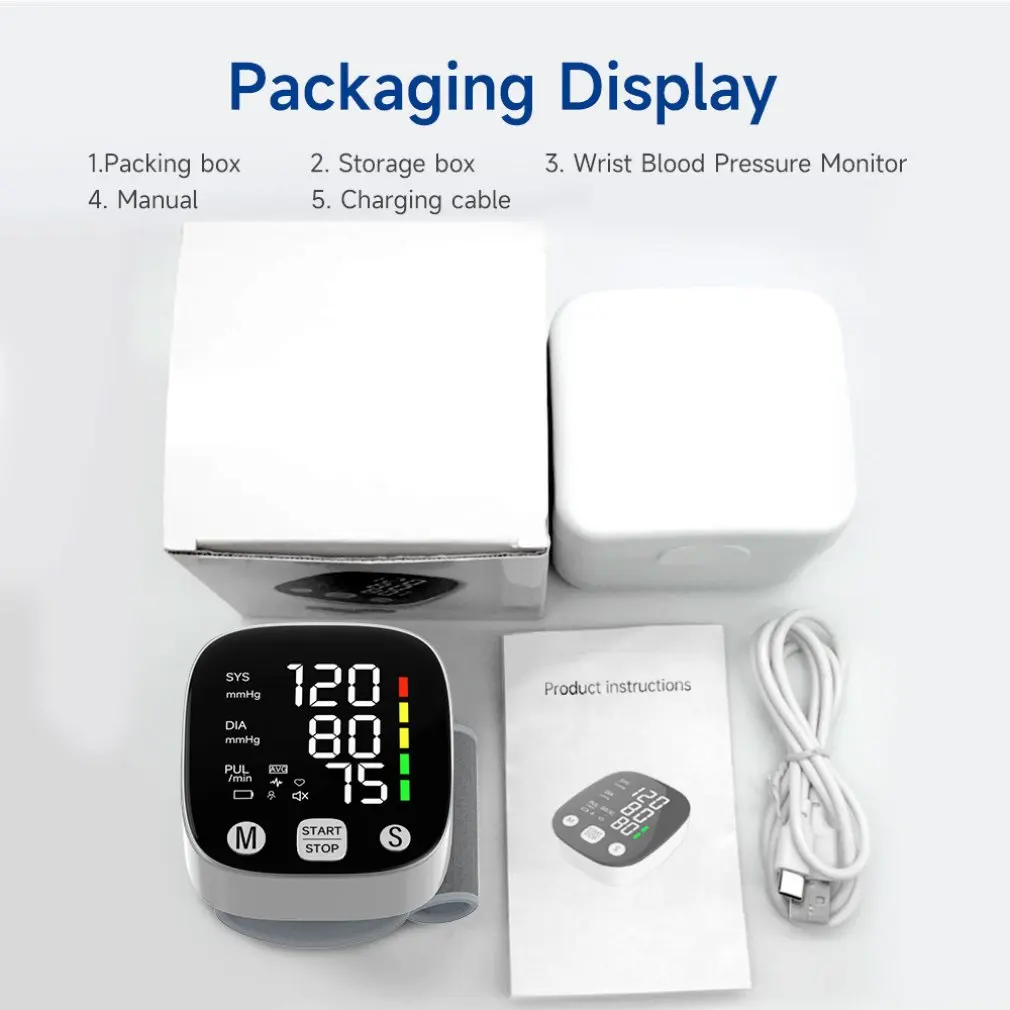 Rechargeable Wrist Blood Pressure Monitor Digital Automatic Blood Pressure Meter Heart Rate Pulse Sphygmomanometer Tonometer