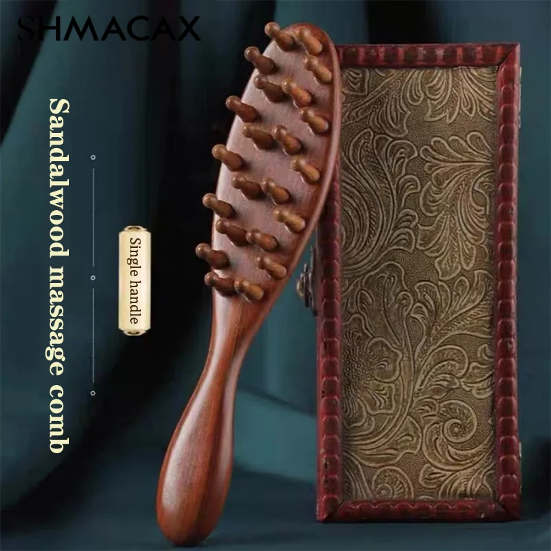 Golden Sandalwood Comb Head Meridian Comb Natural Sandalwood Long Handle Comb Multifunction Insert Teeth Massage Comb 22 Nails