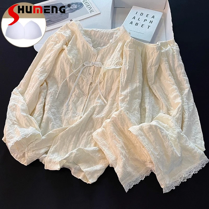 

Japanese Style Ins Lace Pajamas for Women Spring Autumn Pure Cotton Sleep Wear Female Chest Pads Long Sleeve Homewear Set