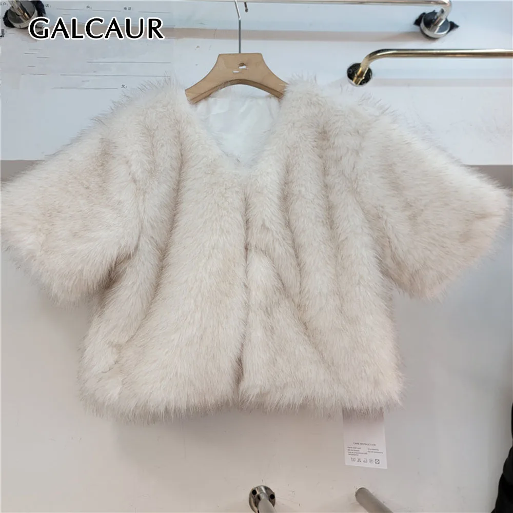GALCAUR Solid Spliced Fluffy Loose Coat for Women V Collar Short Sleeve Patchwork Hidden Button Temperament Jacket Female Style