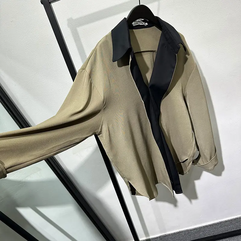 Design Stitching Contrast Color Long Sleeves Shirt Khaki Black Retro Lapel Pullover Non-Ironing Top Fashion Youth Daily Wear