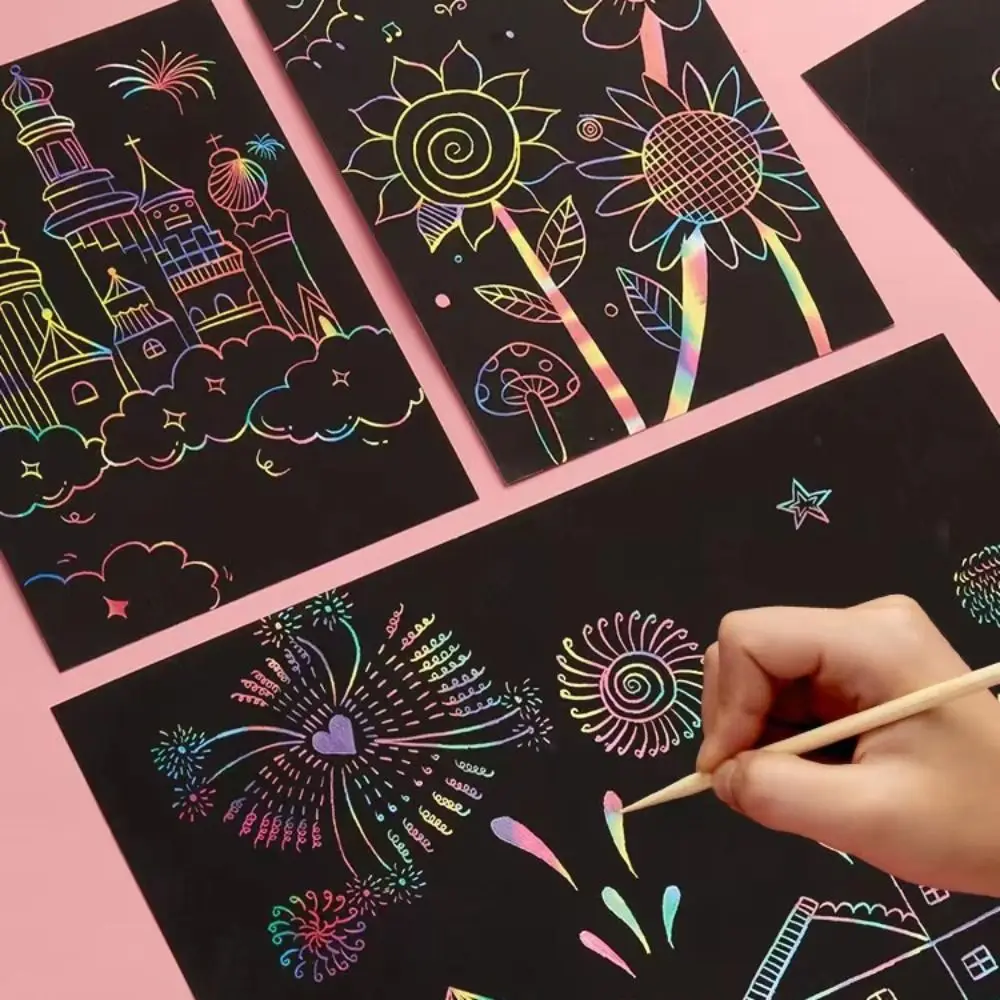 Criativo com caneta de madeira arco-íris scratch book colorido cor lisa desenho papel sem odor neotérico papel brilhante nota crianças presente