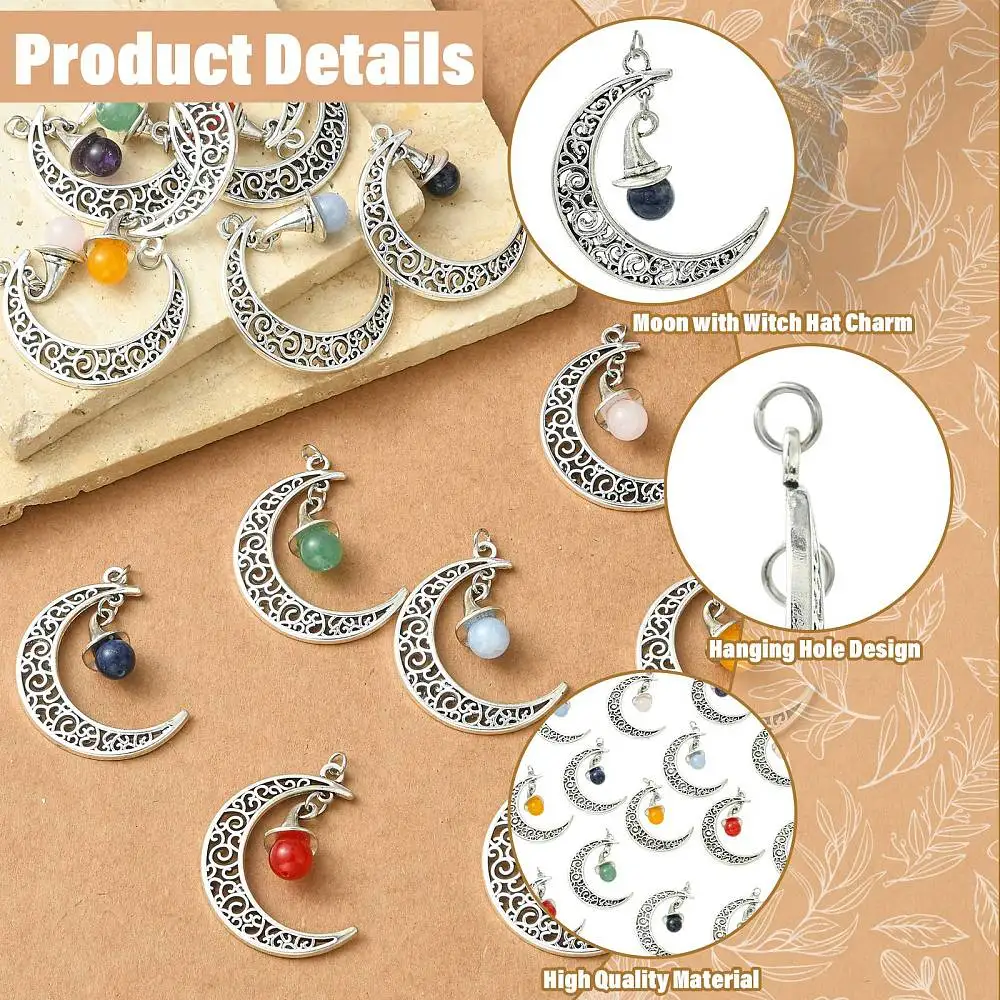14pcs Antique Silver Crescent Moon Witch Hat Mixed Gemstone Pendant Charms for DIY Jewelry Making Witchcraft Necklace Bracelet