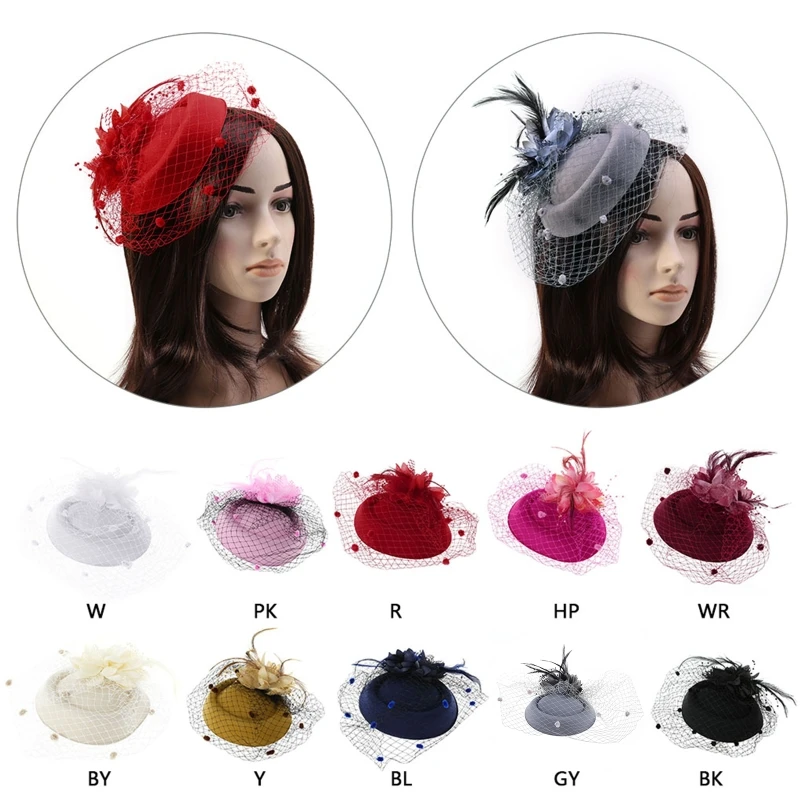 Fascinator Hats for Women Pillbox Cap with Flower Furry Mesh Veils and Hair Clip Party Headwear Headdress