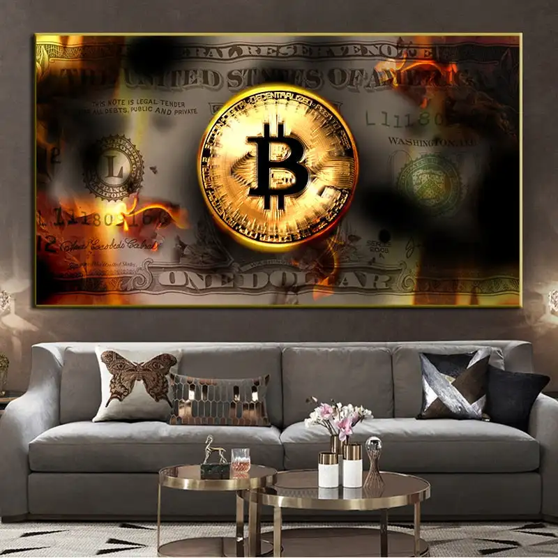 

Bitcoin Gold Coin Fire Money Wall Art Canvas Painting Modern Pop Luxury Artwork Gift Poster Prints Living Room Office Home Decor