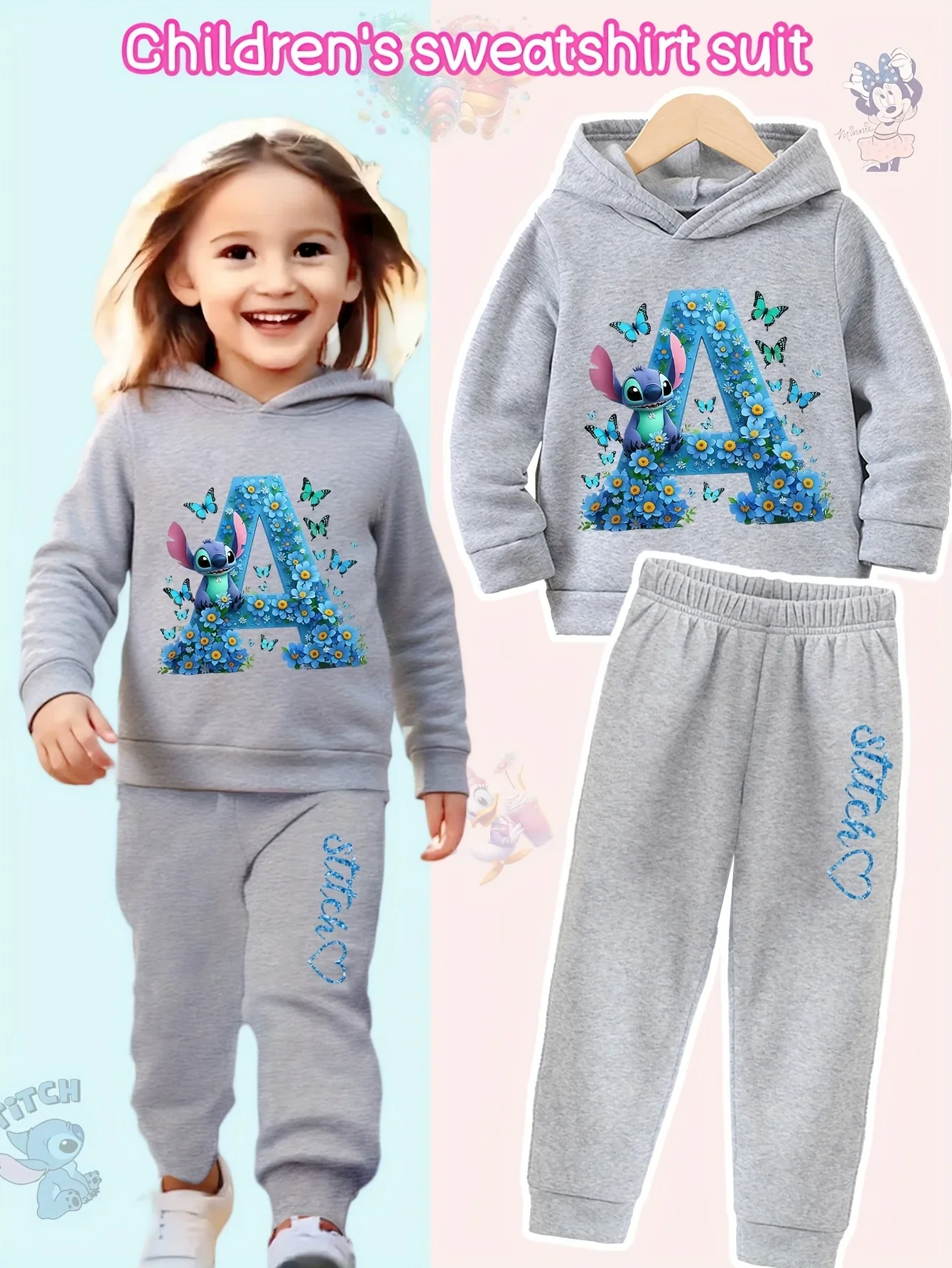 طقم هوديي وسروال للفتيات من ديزني مكون من قطعتين مع خياطة كرتونية وحزام خصر مطاطي للركض للخريف والشتاء